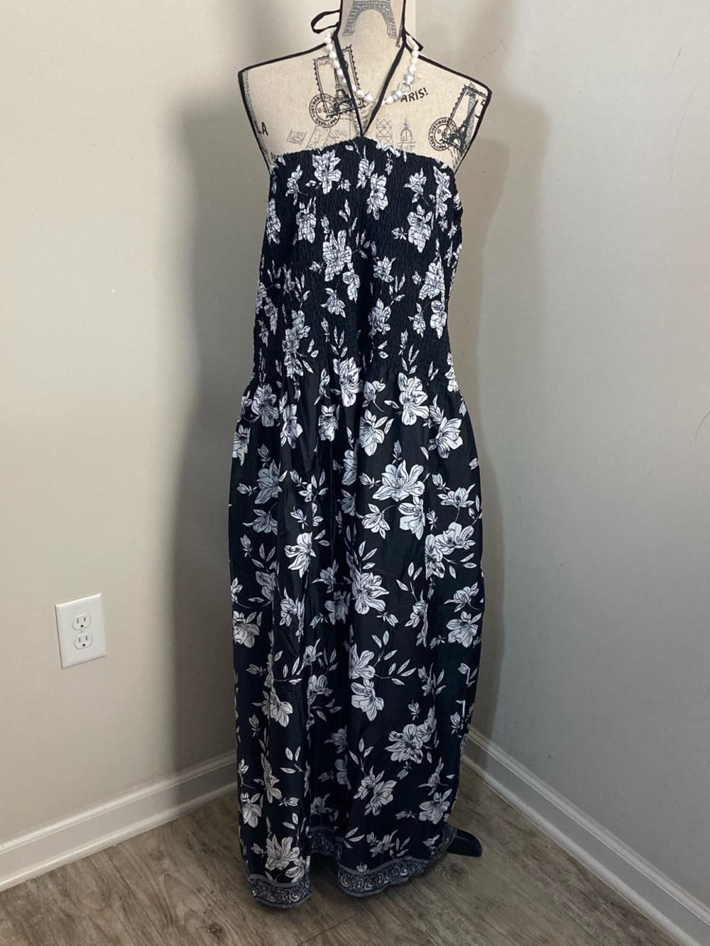 Black and White Floral Halter Maxi Dress